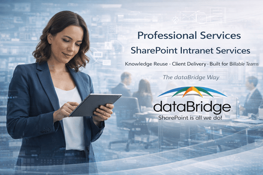 Professional services consultant using a tablet in a modern office, representing dataBridge SharePoint intranet solutions for knowledge management, client engagement, and billable teams in Microsoft 365