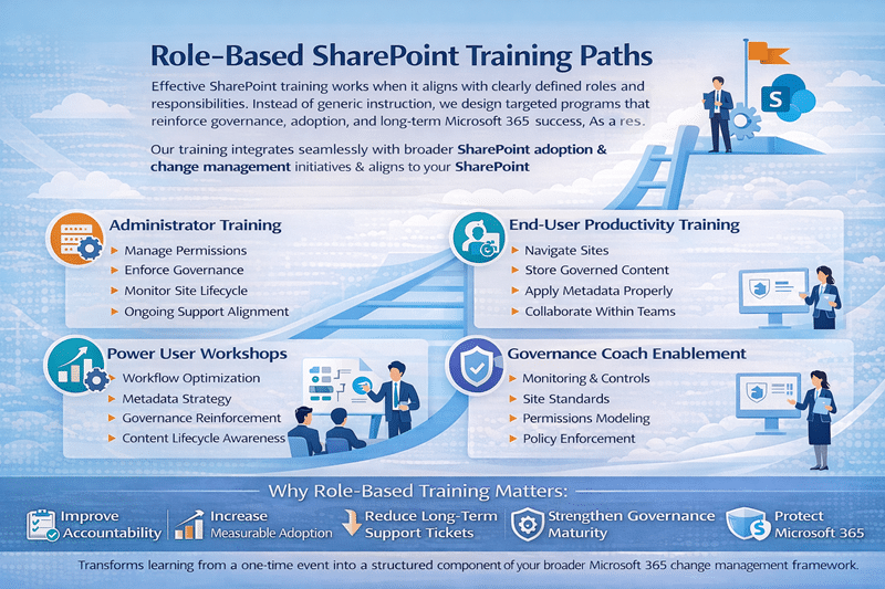 Infographic titled “Role-Based SharePoint Training Paths” illustrating four targeted training tracks—Administrator Training, End-User Productivity Training, Power User Workshops, and Governance Coach Enablement—each outlining responsibilities such as permissions management, governance enforcement, workflow optimization, metadata strategy, and site standards, with a visual ladder progression and benefits including improved accountability, increased measurable adoption, stronger governance maturity, and protection of Microsoft 365 investment