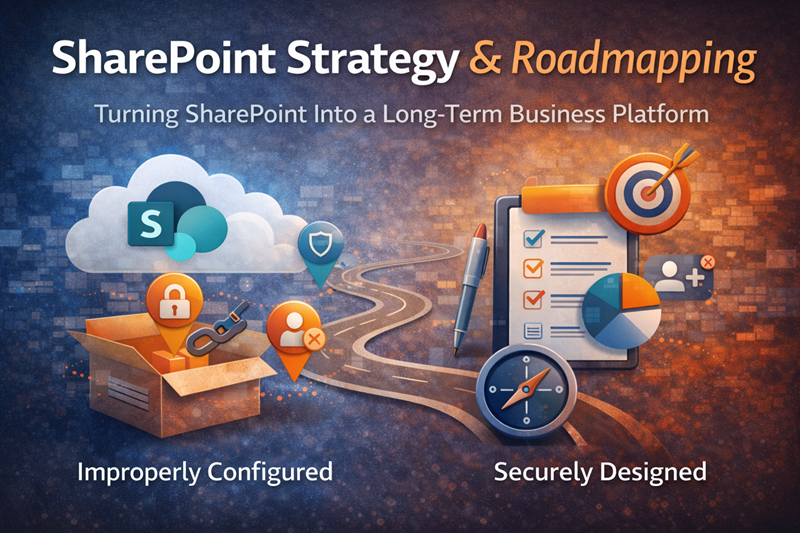 SharePoint strategy and roadmapping illustration showing the transition from improperly configured environments to securely designed, long-term business platforms.