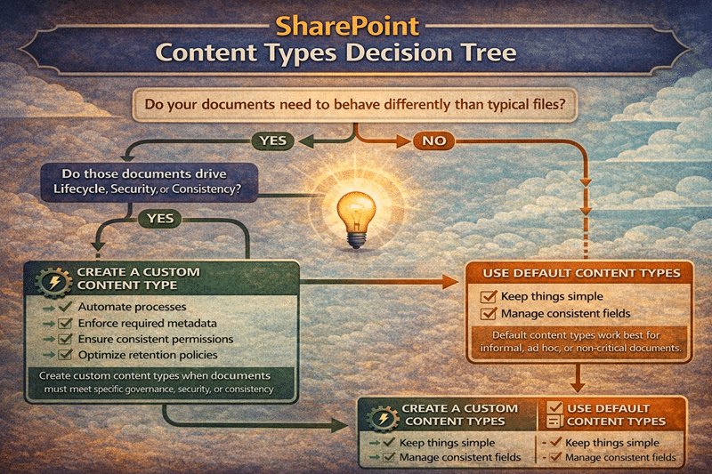 SharePoint content types decision tree infographic showing when to use default content types versus create custom content types based on automation, metadata, lifecycle, and governance needs