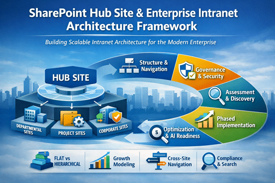 Enterprise SharePoint hub site architecture diagram showing hub connections, governance alignment, scalable intranet structure, and AI readiness strategy