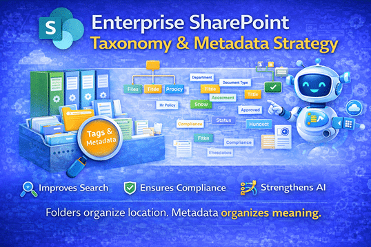 Enterprise SharePoint taxonomy and metadata strategy diagram showing term store structure, governance alignment, search improvement, and AI readiness