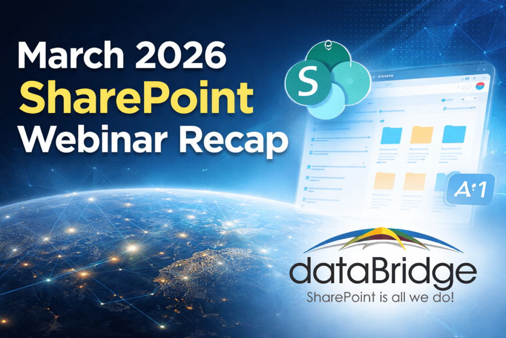 Hero image for a March 2026 SharePoint webinar recap with SharePoint interface visuals, digital network background, and the dataBridge logo