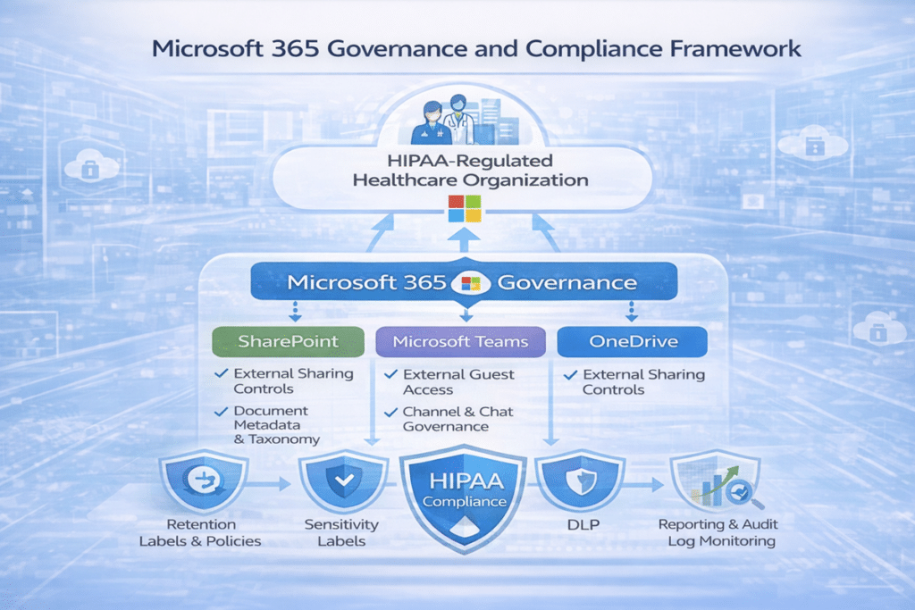 Microsoft 365 governance and compliance framework for HIPAA-regulated healthcare organization showing SharePoint, Microsoft Teams, and OneDrive governance controls.