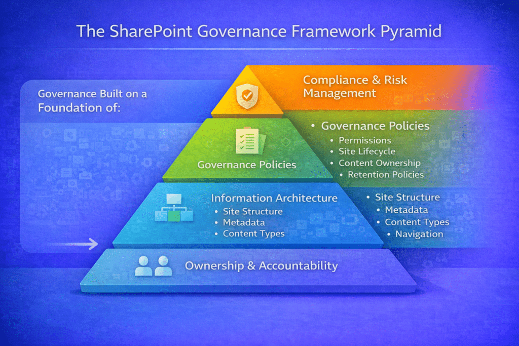 SharePoint governance framework pyramid diagram showing the layered structure of Microsoft 365 governance including ownership and accountability, information architecture, governance policies, and compliance and risk management