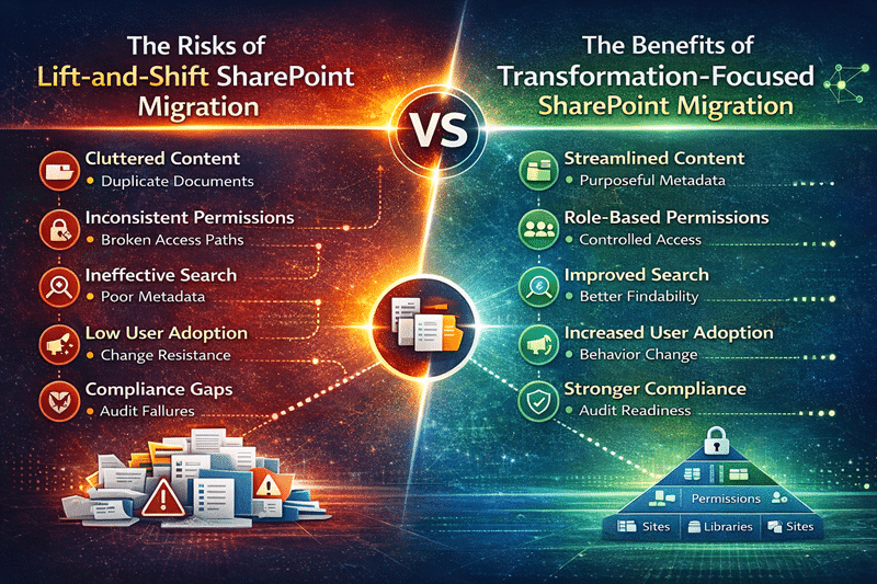 Lift-and-shift SharePoint migration risks compared with a transformation-focused migration strategy, highlighting content cleanup, metadata structure, role-based permissions, improved search, user adoption, and compliance readiness in Microsoft 365