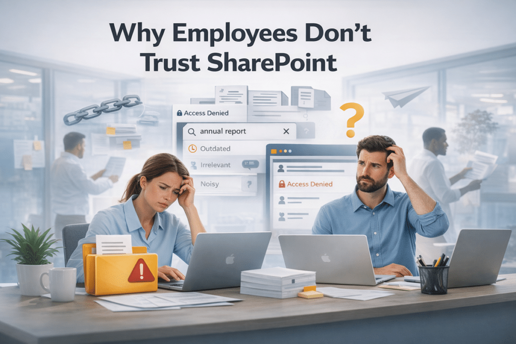 Professional office scene with employees frustrated by SharePoint issues such as outdated search results, access denied errors, and document confusion