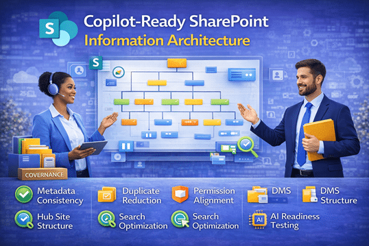 rofessional 16:9 SharePoint banner showing two business professionals presenting a Copilot-ready information architecture diagram with metadata consistency, DMS structure, permission alignment, search optimization, and AI readiness testing
