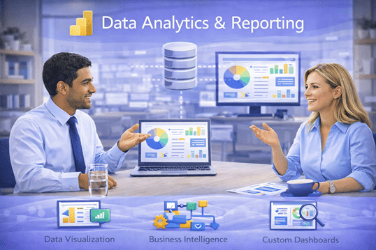 Enterprise professionals reviewing data analytics and reporting dashboards with business intelligence, data visualization, and custom reporting in a modern office setting