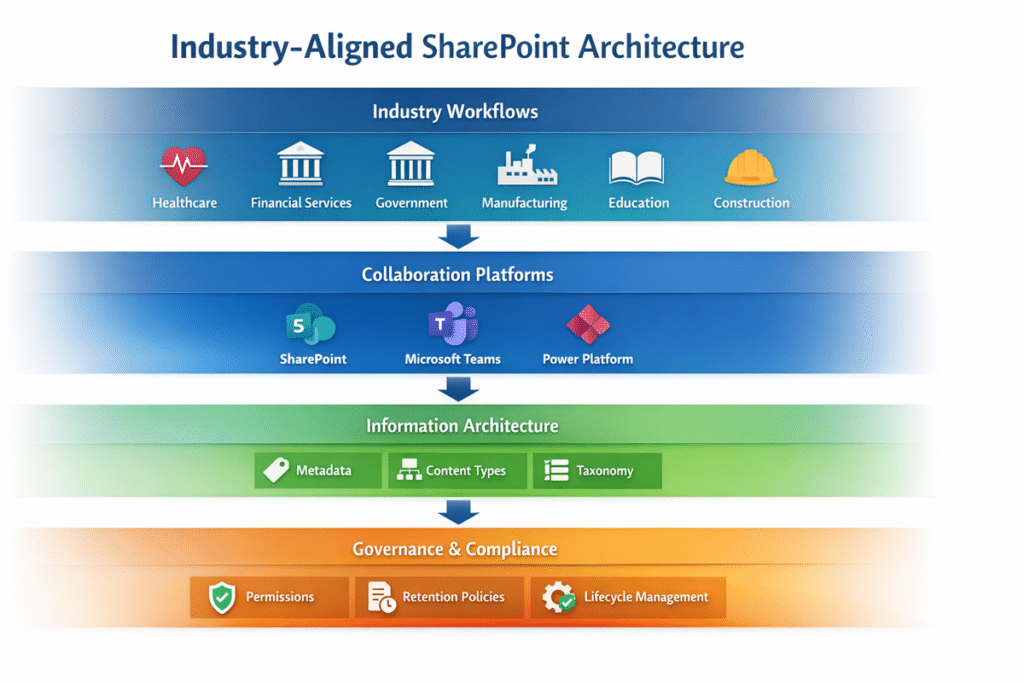 Industry-aligned SharePoint architecture framework showing how industry workflows connect to Microsoft 365 collaboration platforms, information architecture, metadata, taxonomy, and governance including permissions, retention, and lifecycle management