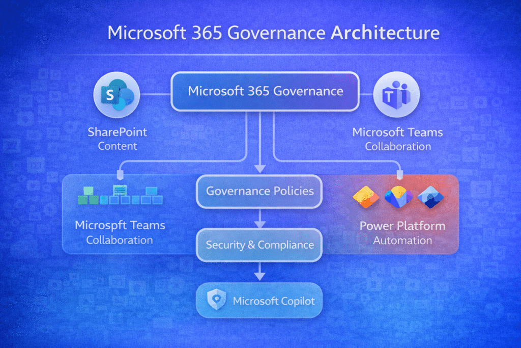 Microsoft 365 governance architecture diagram showing how SharePoint, Microsoft Teams, Power Platform, governance policies, security and compliance, and Microsoft Copilot work together within a structured governance framework