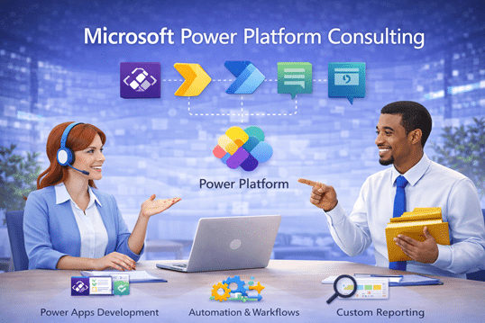 Microsoft Power Platform consulting showing business professionals collaborating with Power Apps, Power Automate, and Power BI in a modern Microsoft 365 environment