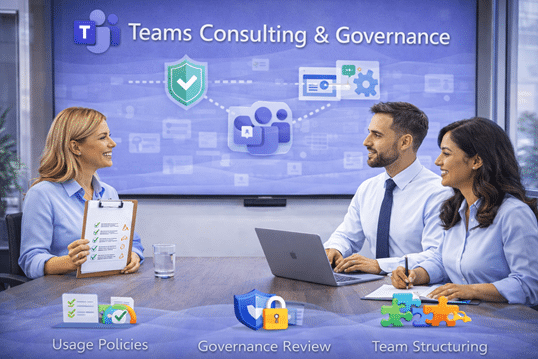 Enterprise team collaborating on Microsoft Teams consulting and governance, focusing on usage policies, governance review, and team structuring in Microsoft 365