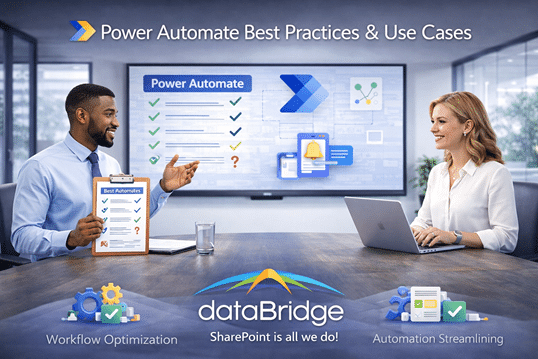 Professionals reviewing Power Automate best practices on screen with checklist and laptop, focusing on workflow optimization and automation strategy in Microsoft 365