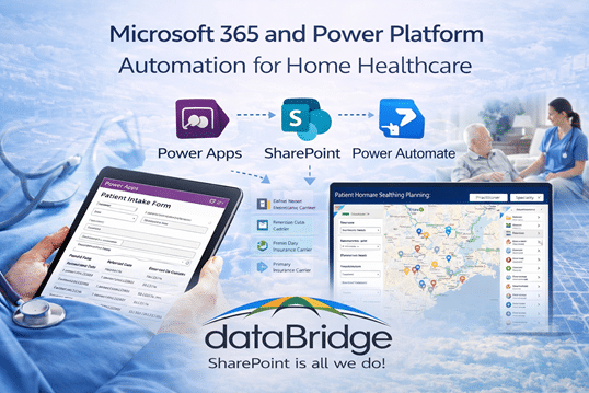 SharePoint document migration and field mobility solution for solar energy provider showing SharePoint, Microsoft Dynamics integration, and field technician accessing project documents on a tablet