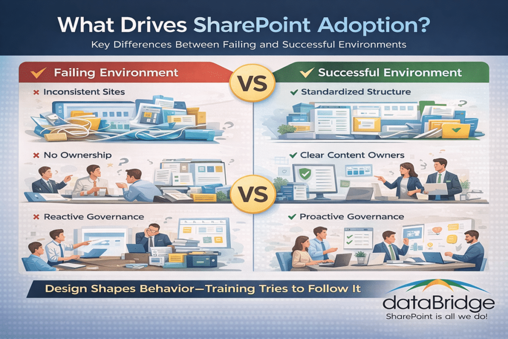 Comparison infographic showing failing vs successful SharePoint environments, highlighting inconsistent sites vs standardized structure, lack of ownership vs clear content owners, and reactive vs proactive governance for improved SharePoint adoption