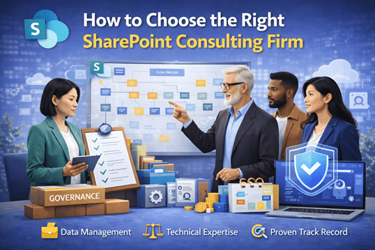 Image showing consultants reviewing SharePoint architecture, governance, and Copilot readiness while selecting a SharePoint consulting firm
