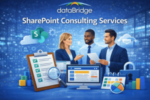 SharePoint consulting services hero image showing a professional team collaborating with dashboards, governance tools, and Microsoft 365 visuals in a modern digital workplace environment