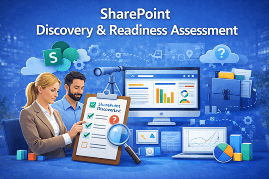 SharePoint discovery and readiness assessment with business professionals reviewing governance, content structure, and Microsoft 365 data using dashboards and analytics tools