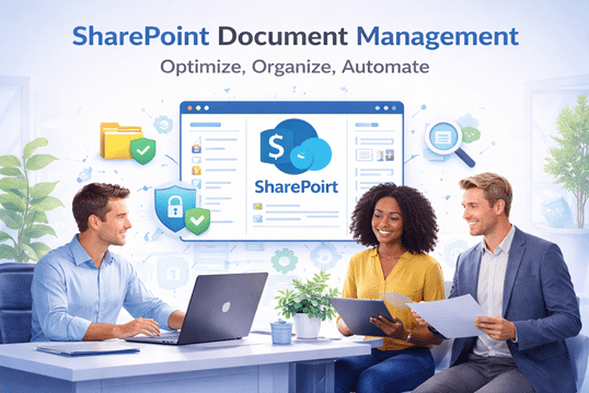 SharePoint document management system illustration showing professionals collaborating with organized files, security controls, and search features in Microsoft 365