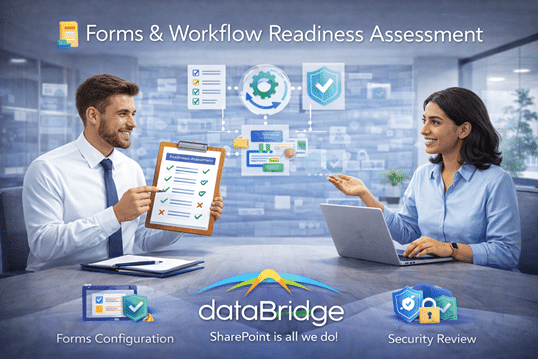Professionals reviewing forms and workflow readiness assessment with clipboard and laptop, focusing on automation, security, and process design in Microsoft 365