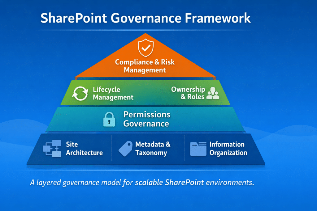SharePoint governance framework pyramid showing layered structure of architecture, permissions, lifecycle management, and compliance controls in Microsoft 365