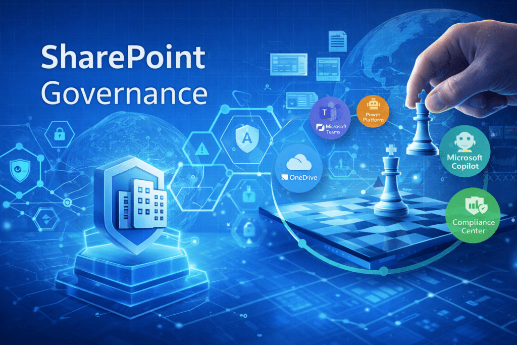 SharePoint governance strategy illustration showing Microsoft 365 collaboration tools including Teams, OneDrive, Power Platform, Copilot, and compliance working within a structured governance framework
