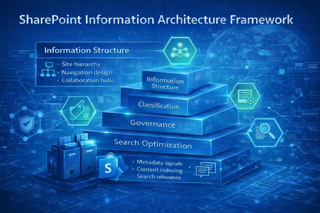 Infographic showing the SharePoint information architecture framework including information structure, metadata classification, governance, and search optimization