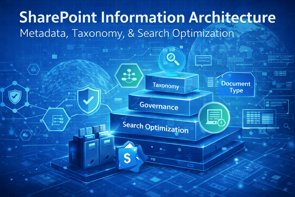 Illustration showing SharePoint information architecture including metadata strategy, taxonomy design, governance, and search optimization used to organize enterprise content.