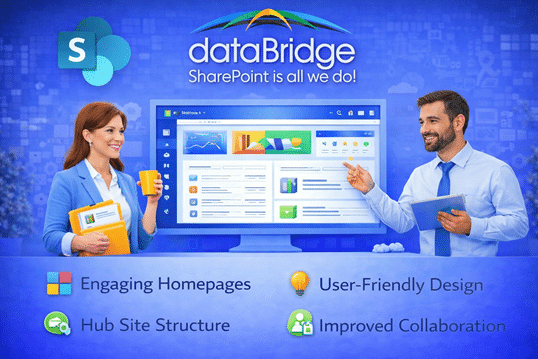Professionals collaborating on SharePoint intranet and portal design with a modern homepage interface focused on user experience, navigation, and collaboration in Microsoft 365