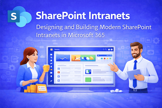 SharePoint intranets illustration showing employees interacting with a modern SharePoint intranet dashboard representing communication, document management, and collaboration in Microsoft 365