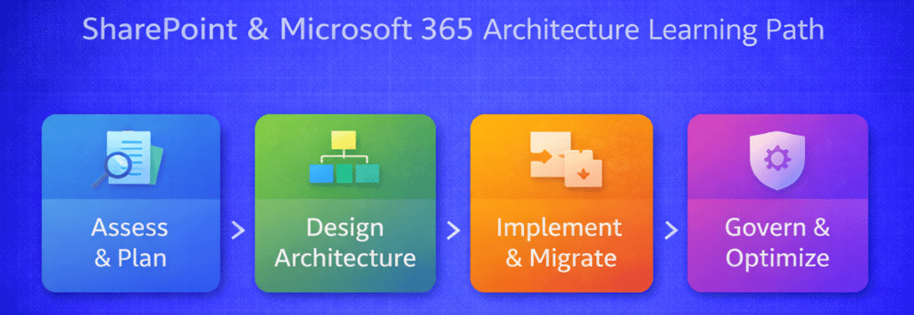 SharePoint and Microsoft 365 architecture learning path diagram showing the stages assess and plan, design architecture, implement and migrate, and govern and optimize