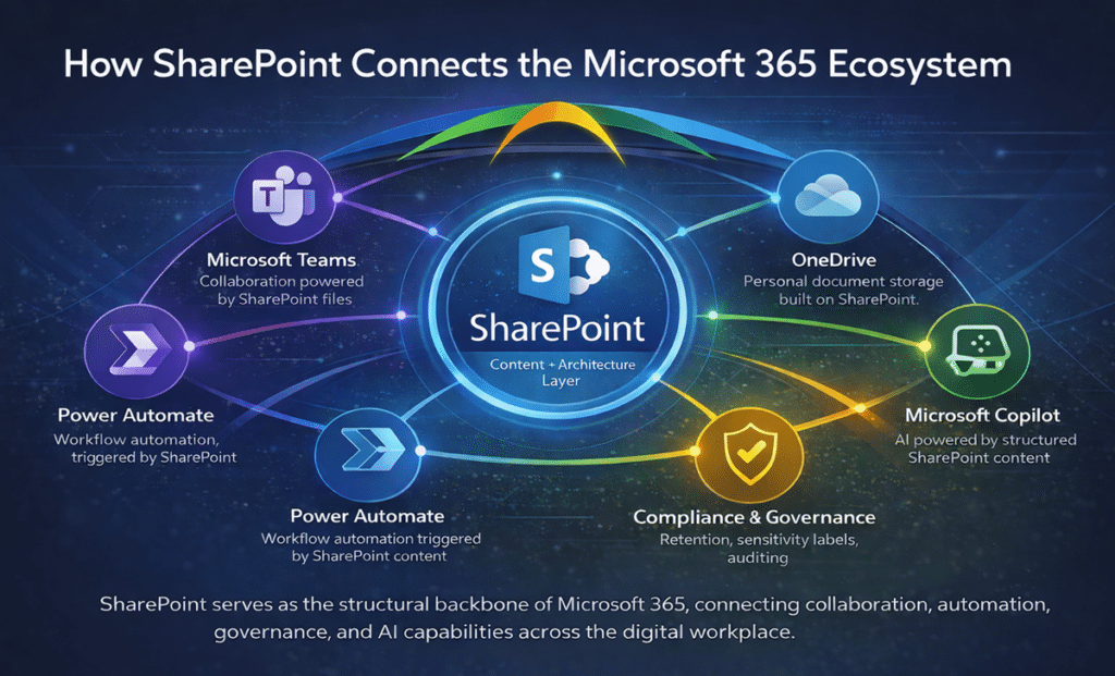 Diagram showing how SharePoint connects Microsoft 365 services including Teams, OneDrive, Power Automate, Power Apps, and Copilot within an enterprise collaboration architecture