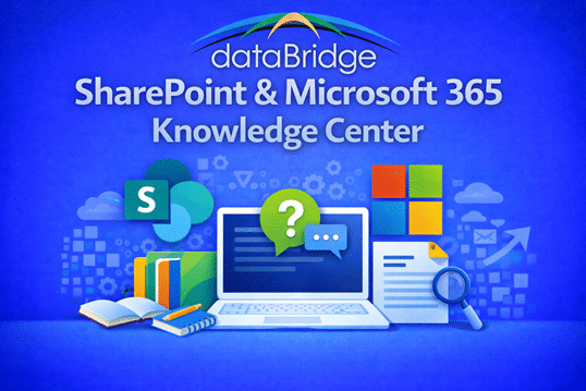 Illustration for the dataBridge SharePoint & Microsoft 365 Knowledge Center showing resources for SharePoint architecture, governance, migrations, Microsoft Teams, Power Platform, and Copilot readiness