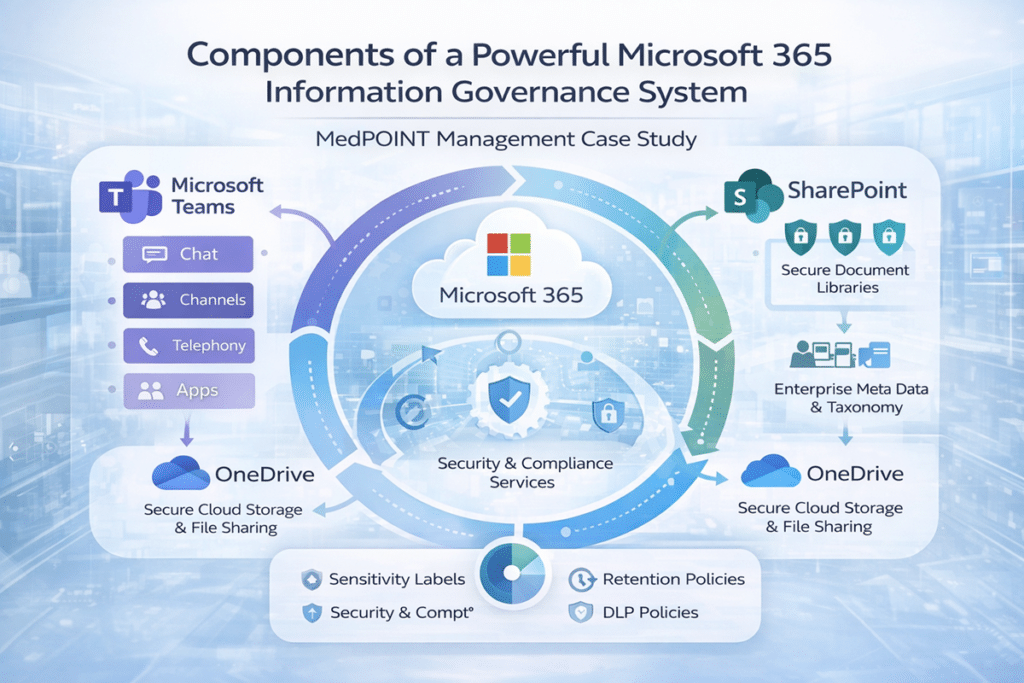 Microsoft 365 information governance architecture showing SharePoint document libraries, OneDrive cloud storage, Microsoft Teams collaboration, and security compliance controls with sensitivity labels, retention, and DLP policies