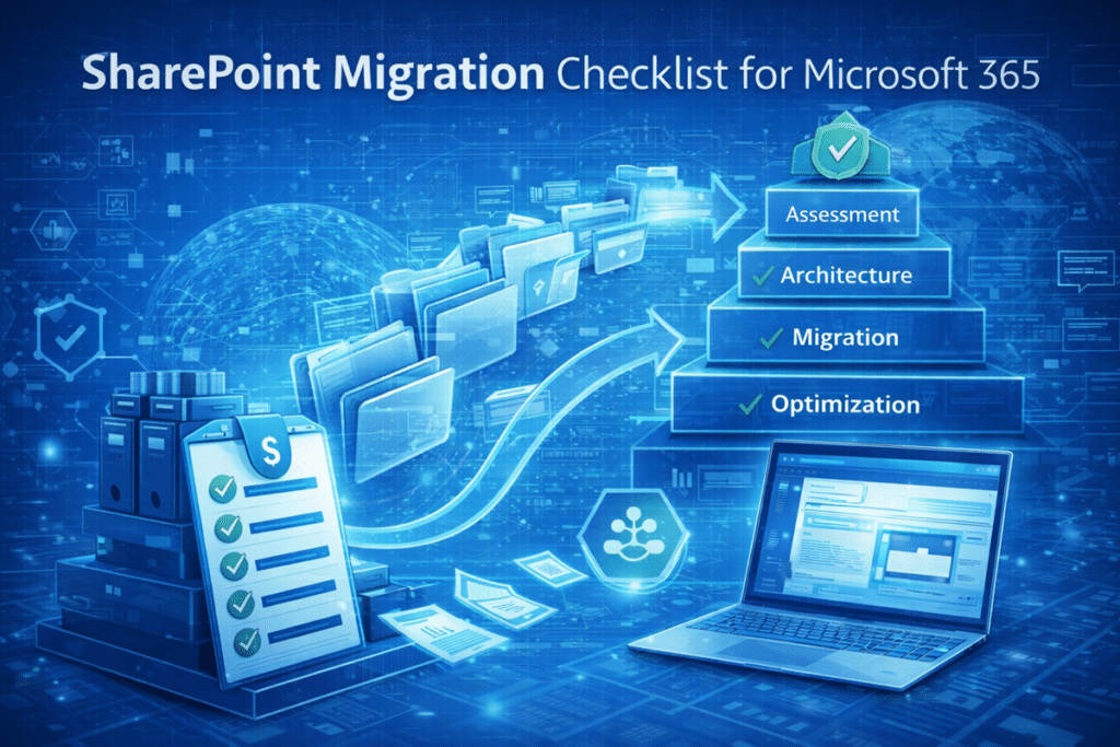 Illustration of a SharePoint migration checklist for Microsoft 365 showing files moving from legacy file shares into SharePoint Online with steps for assessment, architecture, migration, and optimization