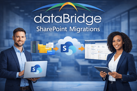 SharePoint migration consulting showing file server to SharePoint Online migration with document management and intranet interface by dataBridge.