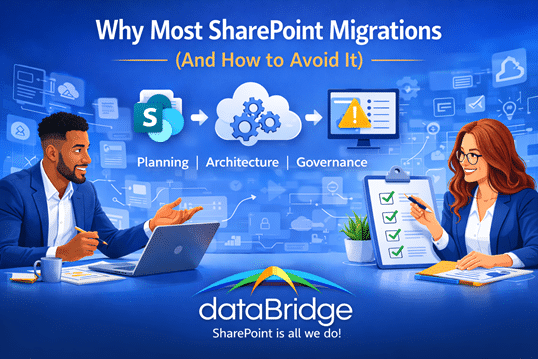 SharePoint migration consulting illustration showing planning, architecture, and governance to avoid common SharePoint migration mistakes