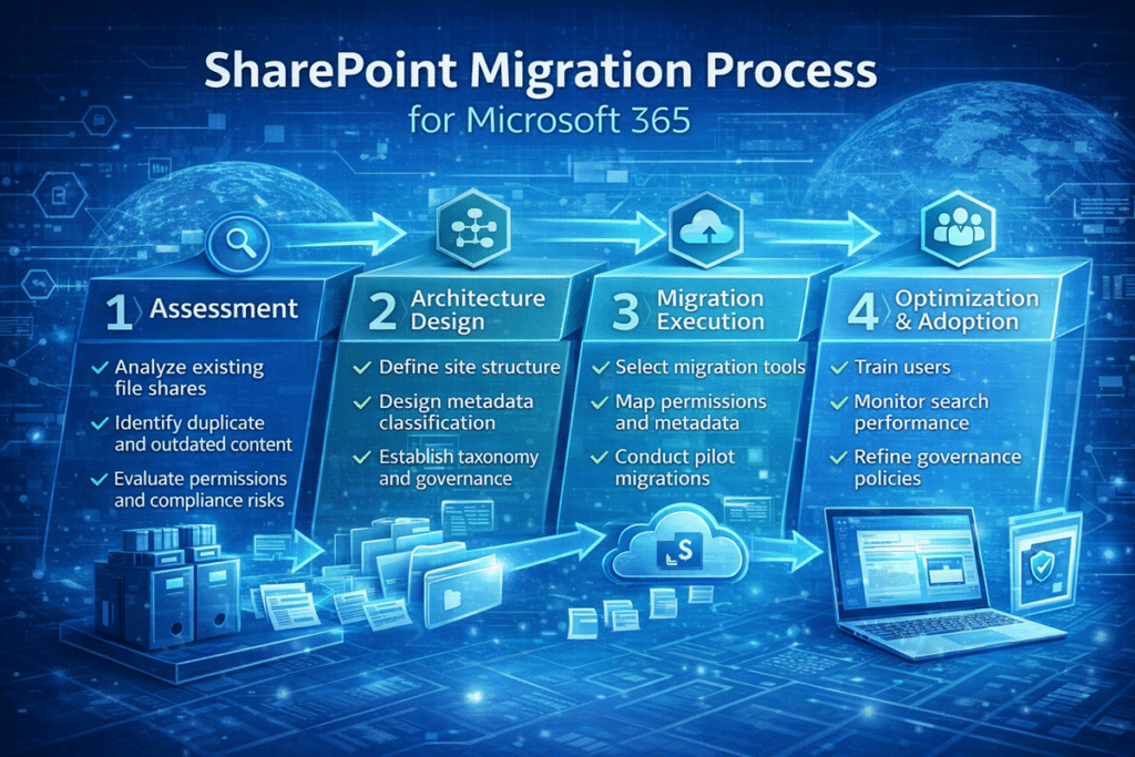 Infographic showing the SharePoint migration process for Microsoft 365 including assessment, architecture design, migration execution, and post-migration optimization.