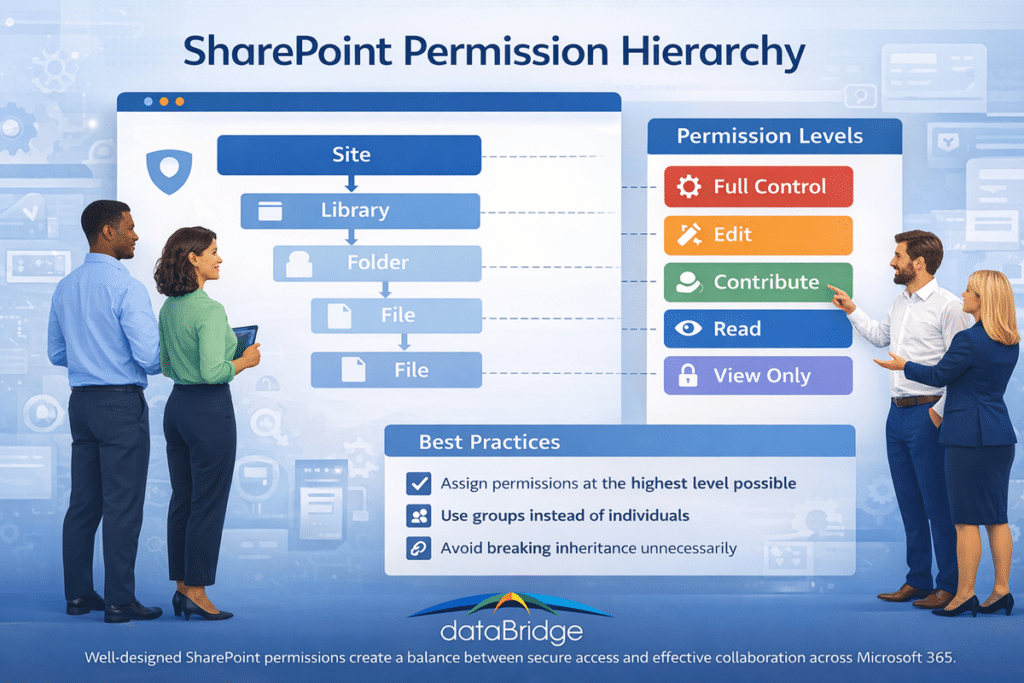 Infographic explaining SharePoint permission hierarchy including site library folder and file inheritance structure
