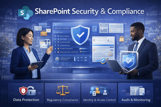 SharePoint Security and Compliance banner showing two business professionals reviewing a secure dashboard with data protection, compliance controls, identity access management, and audit monitoring features