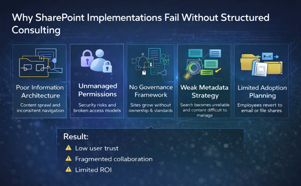 SharePoint implementation failure infographic showing poor information architecture, unmanaged permissions, lack of governance framework, weak metadata strategy, and limited adoption planning leading to low user trust and fragmented collaboration