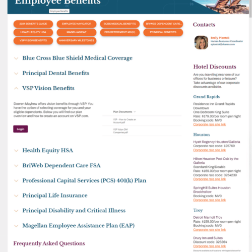 Screenshot of a SharePoint employee benefits page with benefit resource buttons, expandable plan sections, FAQs, contact details, and travel discount information.