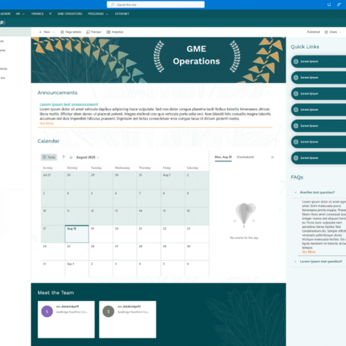 Screenshot of a SharePoint-style GME Operations intranet homepage with a banner, announcements section, calendar, quick links, FAQs, and team cards.