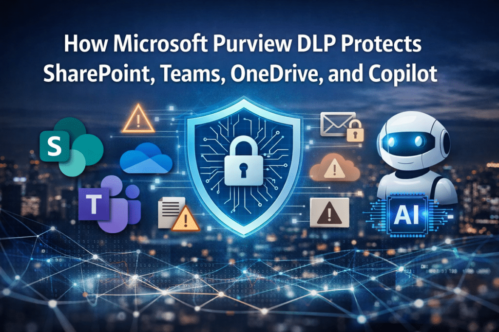 Professional hero image showing Microsoft Purview DLP protecting SharePoint, Teams, OneDrive, and Copilot with a central security shield, Microsoft 365 app icons, alert symbols, and an AI assistant over a modern digital city background.