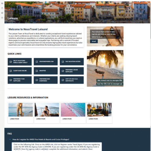 Screenshot of a SharePoint leisure intranet page with a travel banner, welcome message, quick links, resource tiles, and an FAQ section.