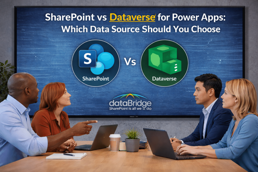 Business team comparing SharePoint and Dataverse for Power Apps on a presentation screen with the dataBridge logo