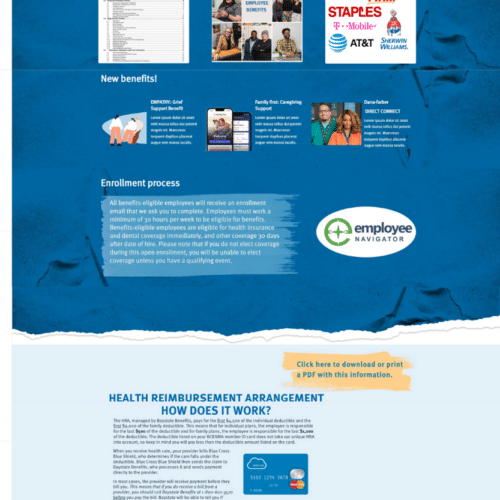 Screenshot of a SharePoint Human Resources page with employee handbook and benefits resources, enrollment information, health reimbursement details, and quick links.