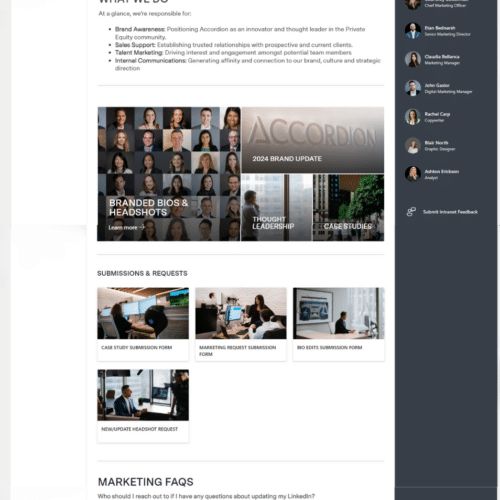 Screenshot of a SharePoint marketing intranet page with quick links, key contacts, resource tiles, submission forms, FAQs, and an events section.