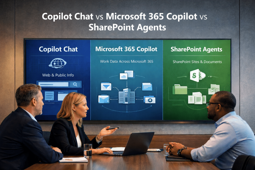 Business leaders reviewing Copilot Chat, Microsoft 365 Copilot, and SharePoint agents in a strategy meeting about what uses tenant data